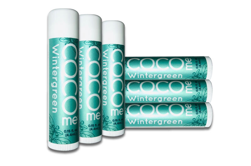 product photograph of 6 wintergreen lip balms